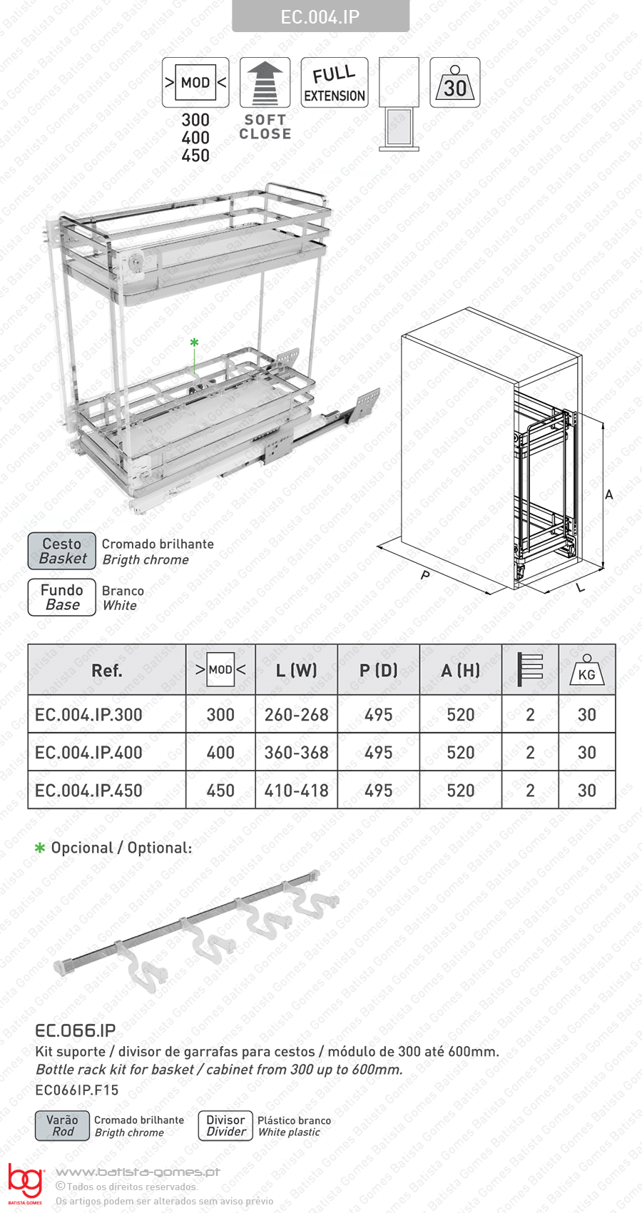Despenseiro multiusos para aplica��o porta frontal - Extrac��o total com Soft-close - M�d. 300 / 400 / 450 - Cromado